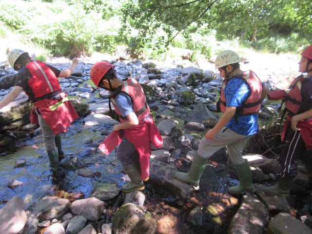 Pupils and adults walk across rocks in a shallow stream during an outdoor activity.