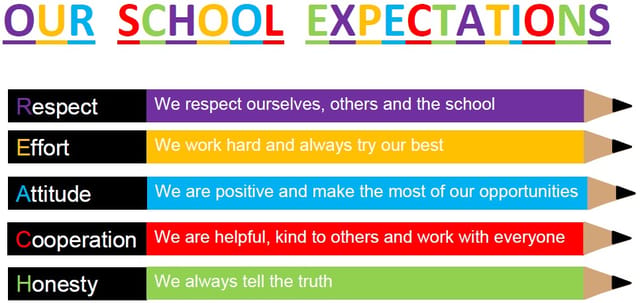 Our School Expectations: respect ourselves, others and the school; work hard and try our best; stay positive; be helpful and kind; tell the truth.